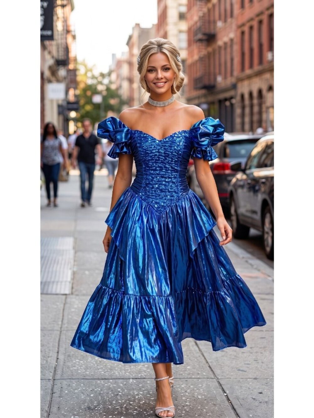VTG Southern Belle Formal Dress Metallic Blue Sz S Midi Off Shoulder 80s 90s